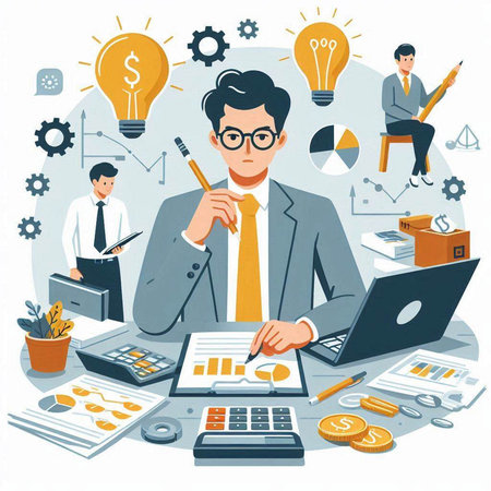 Businessman working in office. Vector illustration in flat cartoon style.のイラスト素材