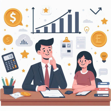 Businessman and businesswoman working together in office. Vector illustration.のイラスト素材