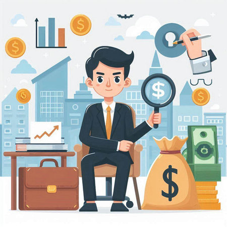Businessman with magnifying glass and money bag. Vector illustration.のイラスト素材
