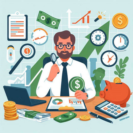 Businessman with magnifying glass and money. Vector illustration in flat styleのイラスト素材