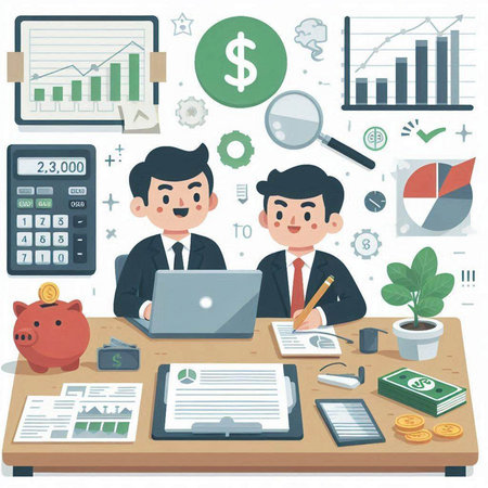 Businessman working at office with laptop and calculator. Vector illustration.のイラスト素材