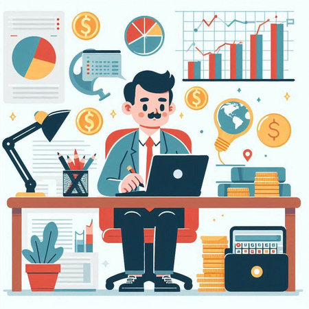 Businessman working in office. Vector illustration in flat cartoon style.のイラスト素材