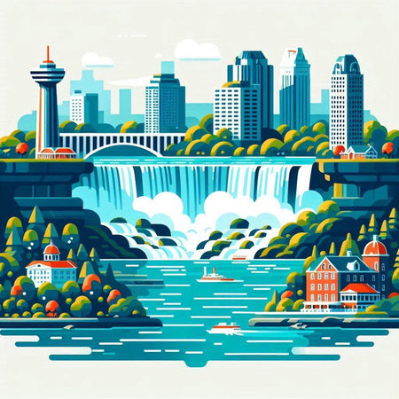 Waterfall in the city. Flat style vector illustration. Cityscape with waterfalls.のイラスト素材