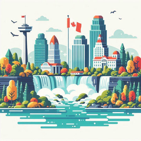 Autumn cityscape with waterfalls and skyscrapers. Vector illustration.のイラスト素材