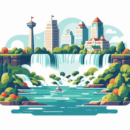 Waterfall in the city. Vector illustration in a flat style.のイラスト素材