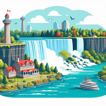 Waterfall on the background of the city. Vector illustration in flat styleのイラスト素材