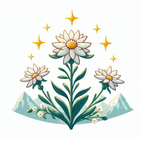Illustration of a flower with stars and mountains on a white backgroundのイラスト素材
