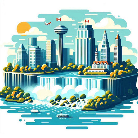 City landscape with skyscrapers, river and buildings. Vector illustration.のイラスト素材