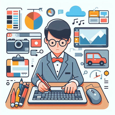 Businessman working at office. Vector illustration in thin line style.のイラスト素材