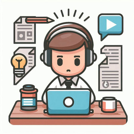 Call center operator with headset and laptop. Vector illustration, flat design.のイラスト素材