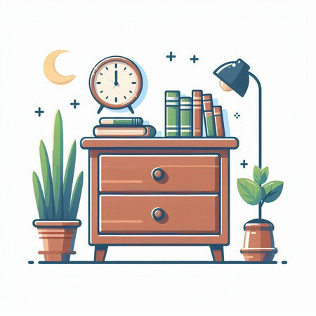 Cupboard with books and clock. Vector illustration in flat styleのイラスト素材