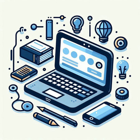 Vector illustration of laptop, books, pencils and lightbulb on white backgroundのイラスト素材