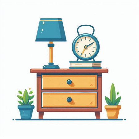Vector illustration of a nightstand with books, alarm clock and potted plantsのイラスト素材