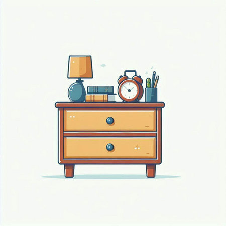 Vector illustration of a bedside table with books, alarm clock, lamp and coffee cupのイラスト素材