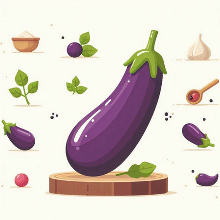 Eggplant and vegetables. Vector illustration in a flat style.のイラスト素材