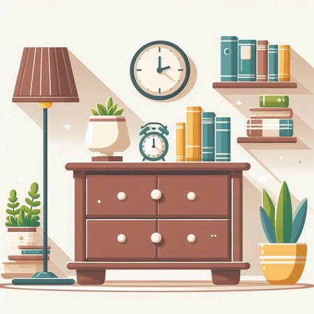 Vector illustration of a shelf with books, clock, lamp and plantのイラスト素材