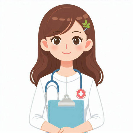 Female nurse with stethoscope and blue bag on white background.のイラスト素材