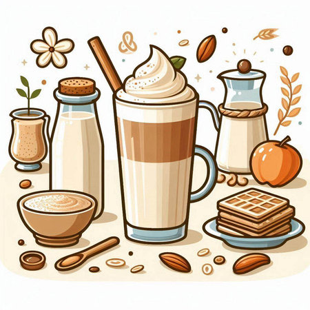 Illustration of a set of different types of coffee with milk, cream, coffee beans, cinnamon, apple and other elementsのイラスト素材