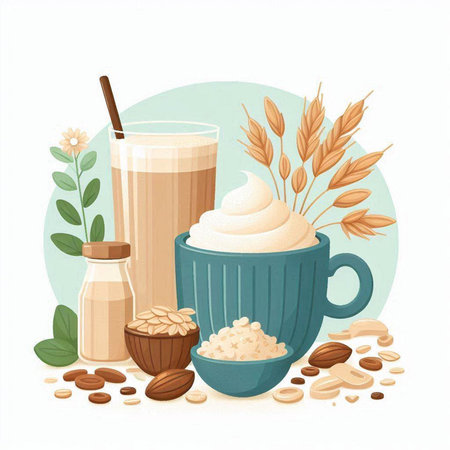 Coffee and milk in a cup with grains. Vector illustration.のイラスト素材