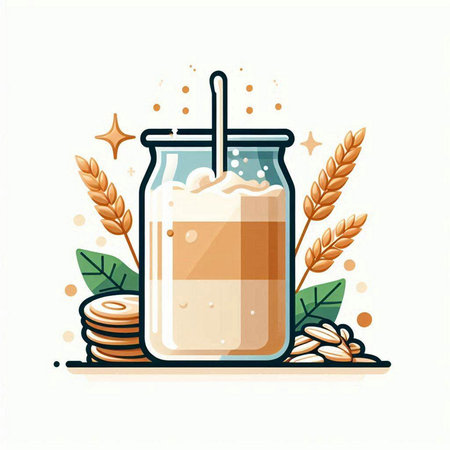 Milkshake in glass jar with straw and wheat ears. Vector illustration.のイラスト素材