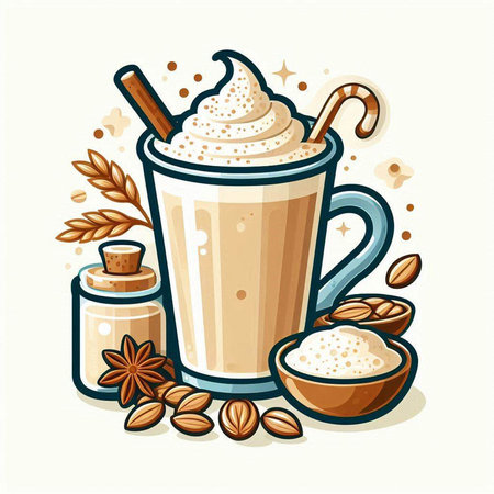Vector illustration of a cup of coffee with whipped cream, cinnamon, anise and nuts.のイラスト素材