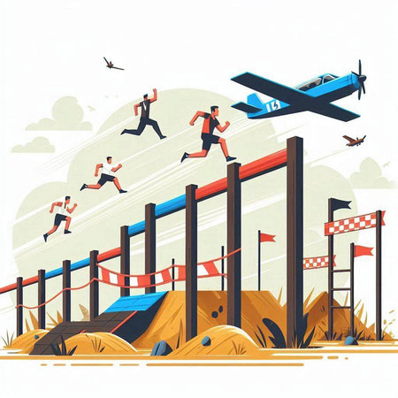 Cartoon illustration of business people jumping over obstacles. Business concept.のイラスト素材
