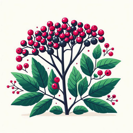 Hand drawn vector illustration of a rowan tree with berries and leaves.のイラスト素材