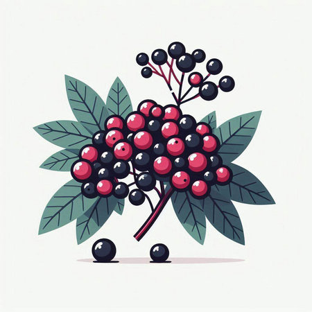 Bunch of ripe black elderberry with leaves. Vector illustration.のイラスト素材
