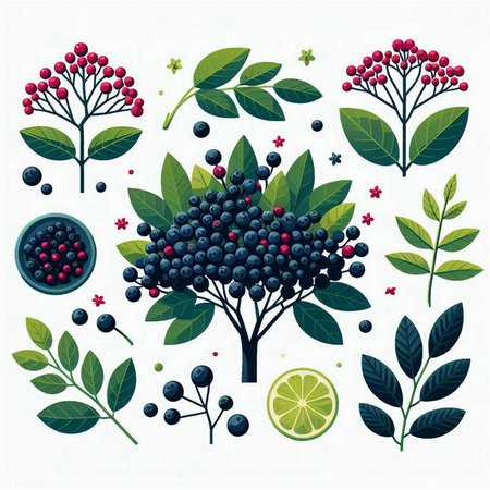 Set of vector illustrations with berries, leaves and fruit. Flat style.のイラスト素材