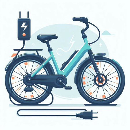Electric bike with electric plug. Vector illustration in flat cartoon style.のイラスト素材