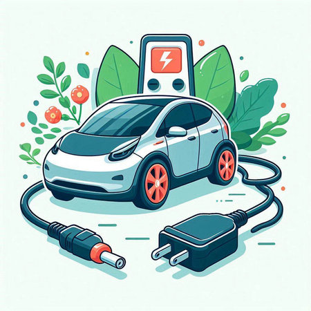 Electric car charging station vector illustration. Electric vehicle charging station with electric cable.のイラスト素材