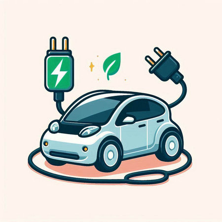 Electric car with electric plug and green leaf. Eco car concept. Vector illustration.のイラスト素材