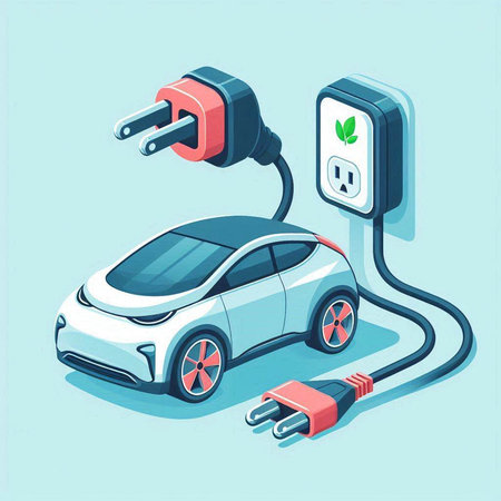 Electric car isometric vector illustration. Electric vehicle with plug and socket.のイラスト素材