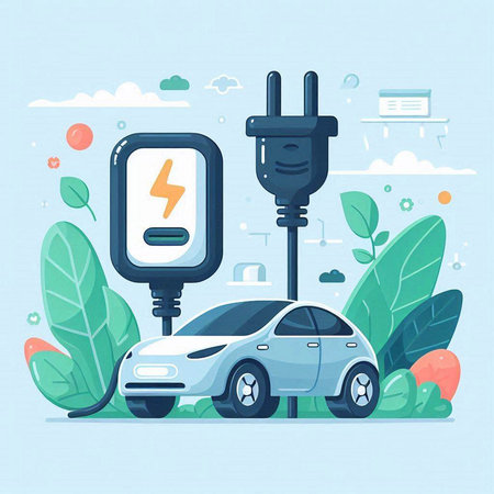 Electric car charging flat vector illustration. Electric vehicle charging station. Renewable eco technologies.のイラスト素材