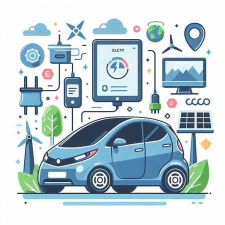 Electric car, eco friendly transport, flat vector illustration isolated on white background.のイラスト素材