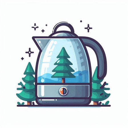 Electric kettle with fir tree. Vector illustration in flat cartoon style.のイラスト素材