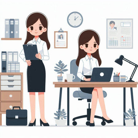 Business woman working in the office. Vector illustration on white background.のイラスト素材