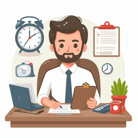 Businessman working at office desk. Vector illustration in cartoon style.のイラスト素材