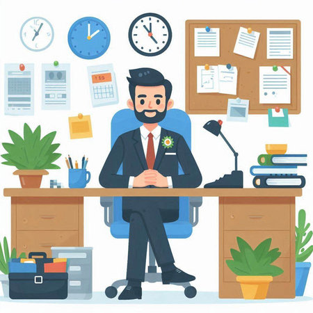 Businessman sitting at the desk in office. Flat vector illustration.のイラスト素材
