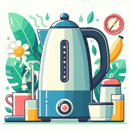 Kitchen electric kettle with accessories. Vector illustration in flat style.のイラスト素材