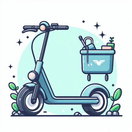 Vector illustration of a scooter with a basket of food. Hand drawn style.のイラスト素材