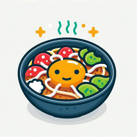 Illustration of a bowl of noodle with kawaii characterのイラスト素材