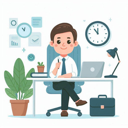 Businessman sitting at his desk in office and working. Vector illustration.のイラスト素材