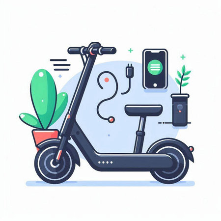 Modern electric scooter with charging battery. Hand drawn vector illustration.のイラスト素材