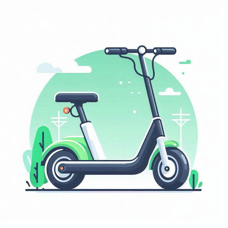 Modern electric scooter on the background of green nature. Vector illustration.のイラスト素材