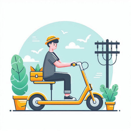 Man riding a scooter in the park. Flat vector illustration.のイラスト素材