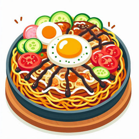 Illustration of delicious udon noodles with fried egg on a plateのイラスト素材