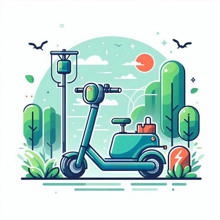 Modern scooter in the park. Vector illustration on white background.のイラスト素材