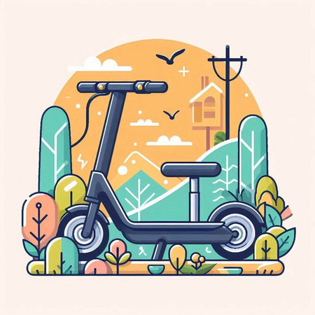 Modern scooter in the park. Vector illustration in flat style.のイラスト素材