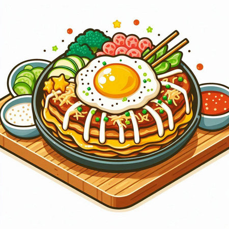 Illustration of a Japanese Cuisine Dish with a Fried Egg and Vegetablesのイラスト素材